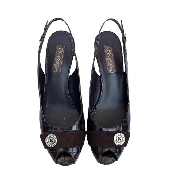 BRIGHTON Women’s Size 9 N Brown Croc Embossed Leather Silver hardware Sandals - Picture 1 of 4